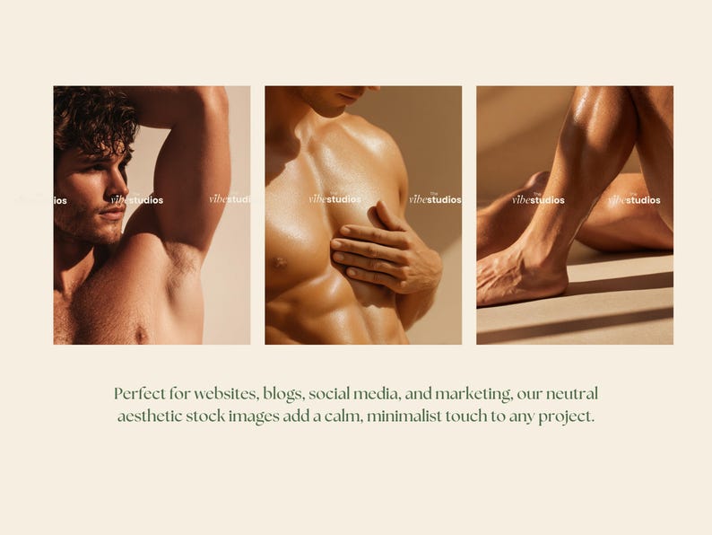 K&ouml;nnte beinhalten: Ein Triptychon von Bildern, die den K&ouml;rperbau einer Person zeigen. Die Bilder zeigen den Oberk&ouml;rper, den Torso und die Beine. Die Bilder haben eine warme, neutrale Farbpalette. Der Text "vibestudios" ist in jedem Bild sichtbar.