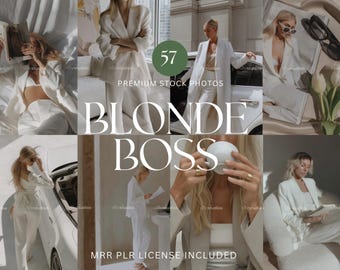Può includere: Un collage di immagini che mostra una donna in varie pose con un blazer e pantaloni bianchi. Il testo "BLONDE BOSS" è ben visibile, insieme a "57 PREMIUM STOCK PHOTOS" e "MRR PLR LICENSE INCLUDED".