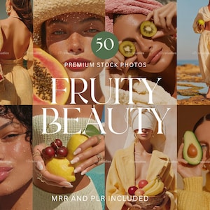 May include: A collage of images featuring the theme of "Fruity Beauty." The images showcase people with fruit, including lemons, kiwi, papaya, and avocados. The text "50 PREMIUM STOCK PHOTOS" and "FRUITY BEAUTY" is visible.
