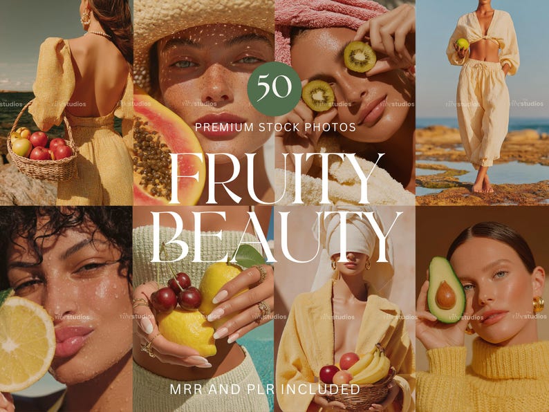 May include: A collage of images featuring the theme of "Fruity Beauty." The images showcase people with fruit, including lemons, kiwi, papaya, and avocados. The text "50 PREMIUM STOCK PHOTOS" and "FRUITY BEAUTY" is visible.