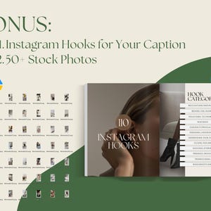 Puede incluir: Una maqueta de producto digital que presenta un libro con el t&iacute;tulo "110 Instagram Hooks" y una lista de "Categor&iacute;as de gancho" que incluyen "Inspiraci&oacute;n motivacional", "Detr&aacute;s de escena", "Soluciones a problemas", "Errores", "Inspiraci&oacute;n de la comunidad", "Experiencias personales", "Abordar puntos d&eacute;biles", "Prueba social", "Historias de productos", "Dise&ntilde;o de productos", "Promocional", "Microleyendas". La maqueta se coloca sobre un fondo verde con un logotipo de Canva en la esquina superior derecha.