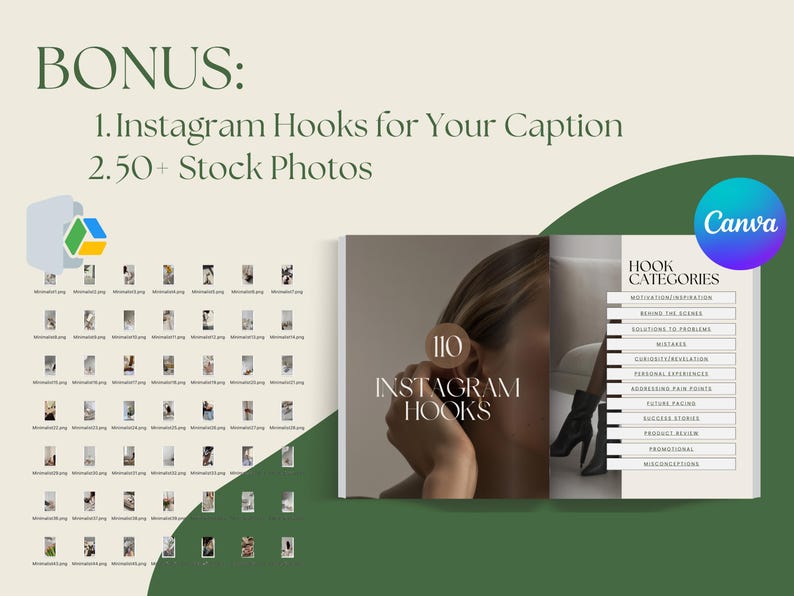 Puede incluir: Una maqueta de producto digital que presenta un libro con el t&iacute;tulo "110 Instagram Hooks" y una lista de "Categor&iacute;as de gancho" que incluyen "Inspiraci&oacute;n motivacional", "Detr&aacute;s de escena", "Soluciones a problemas", "Errores", "Inspiraci&oacute;n de la comunidad", "Experiencias personales", "Abordar puntos d&eacute;biles", "Prueba social", "Historias de productos", "Dise&ntilde;o de productos", "Promocional", "Microleyendas". La maqueta se coloca sobre un fondo verde con un logotipo de Canva en la esquina superior derecha.