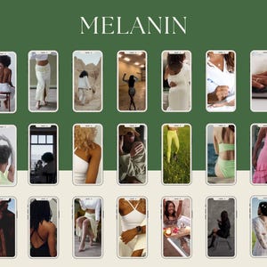 May include: A collage of 18 images showcasing different people with various skin tones. Each image is displayed on a smartphone screen, creating a grid-like arrangement. The word "MELANIN" is displayed in a large, bold font at the top of the collage.