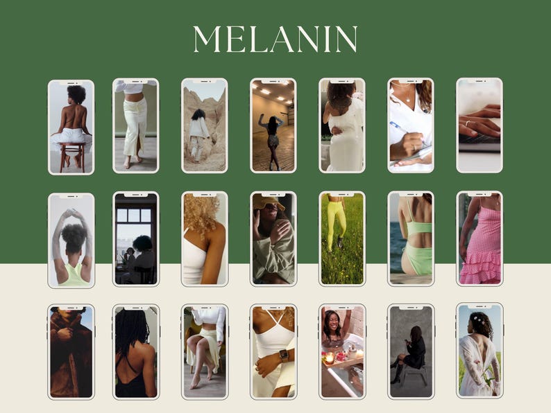 May include: A collage of 18 images showcasing different people with various skin tones. Each image is displayed on a smartphone screen, creating a grid-like arrangement. The word "MELANIN" is displayed in a large, bold font at the top of the collage.