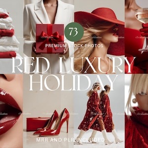 May include: A collage of images with a red and white theme. The images include stacks of sweaters, a gift box with a red bow, a woman in a red hat, a glass of champagne, red lipstick, red high heels, and two women in red coats. Text reads "RED LUXURY HOLIDAY".