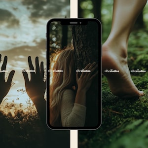 May include: A woman with long blonde hair leans against a tree trunk in a forest. The image is displayed on a smartphone screen.