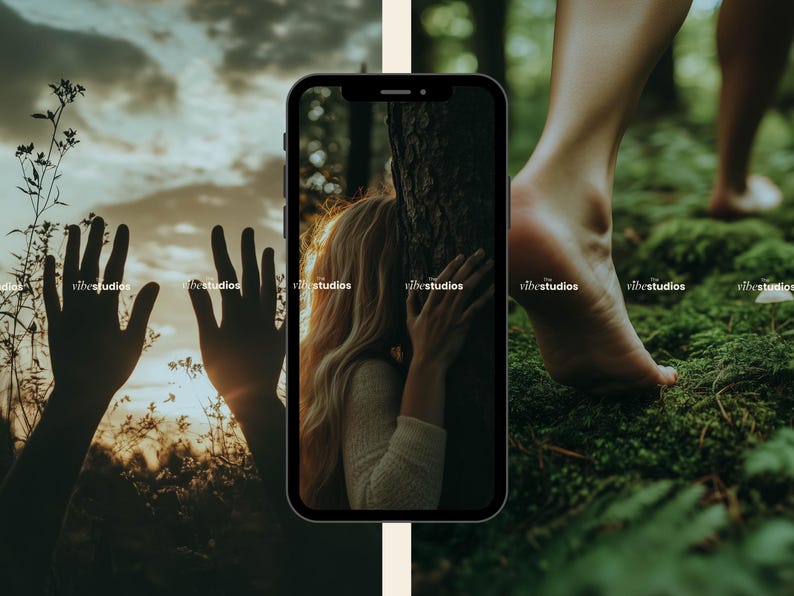 May include: A woman with long blonde hair leans against a tree trunk in a forest. The image is displayed on a smartphone screen.