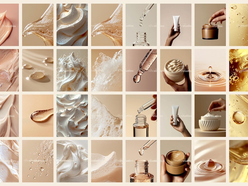 May include: A collage of images showcasing various skincare products, including creams, serums, and oils. The images feature close-ups of the products, as well as droplets of liquid and swirls of cream.
