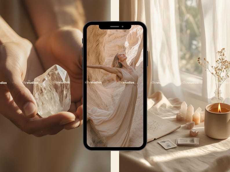 Może przedstawiać: Smartfon wyświetlający zdjęcie kobiety w zwiewnej białej sukni stojącej w pustynnym krajobrazie. Telefon leży na stole z świecą, kryształami i notesem.