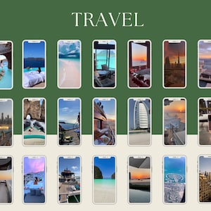 May include: A collage of 20 images showcasing various travel destinations. The images feature beaches, cityscapes, boats, and luxurious hotels. The word "TRAVEL" is displayed in a large font at the top of the collage.