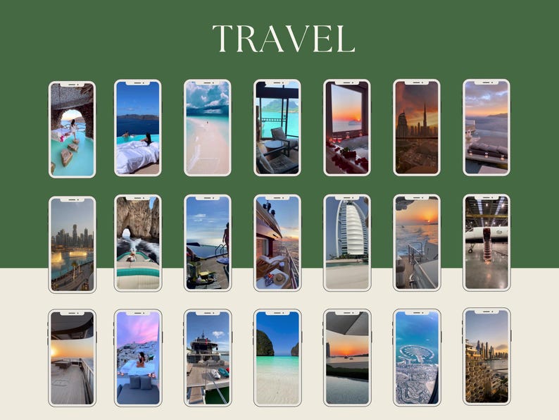 May include: A collage of 20 images showcasing various travel destinations. The images feature beaches, cityscapes, boats, and luxurious hotels. The word "TRAVEL" is displayed in a large font at the top of the collage.