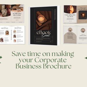 May include: An ebook cover with the title "eBook Goals" and a candle on a brown cloth. The image also shows brochure spreads with text like "Achieving Success" and "Take Specific Action". The text "Save time on making your Corporate Business Brochure" is also visible.