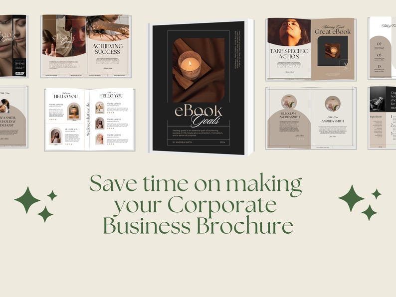 May include: An ebook cover with the title "eBook Goals" and a candle on a brown cloth. The image also shows brochure spreads with text like "Achieving Success" and "Take Specific Action". The text "Save time on making your Corporate Business Brochure" is also visible.