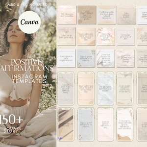 May include: Image features a woman sitting cross-legged with eyes closed, surrounded by greenery. Text overlay reads "POSITIVE AFFIRMATIONS INSTAGRAM TEMPLATES" and "150+ SQUARE STORY." Additional graphics display affirmations like "My dreams are possible."