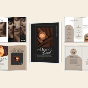 May include: A collection of eBook covers and interior pages. The covers feature images of faces, a candle, and the text "eBook Goals". Interior pages include a table of contents and author information. The color palette is neutral with beige, brown, and black.
