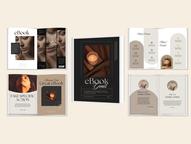 May include: A collection of eBook covers and interior pages. The covers feature images of faces, a candle, and the text "eBook Goals". Interior pages include a table of contents and author information. The color palette is neutral with beige, brown, and black.