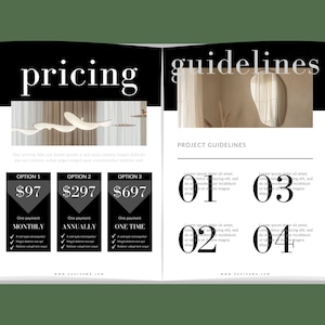 Może przedstawiać: Czarno-biała broszura z napisem "pricing" dużymi białymi literami u g&oacute;ry lewej strony. Prawa strona ma napis "guidelines" dużymi białymi literami u g&oacute;ry. Broszura zawiera trzy opcje cenowe dla usługi: 97 zł miesięcznie, 297 zł rocznie i 697 zł za jednorazową płatność. Prawa strona zawiera cztery wytyczne dotyczące projektu ponumerowane od 01 do 04.