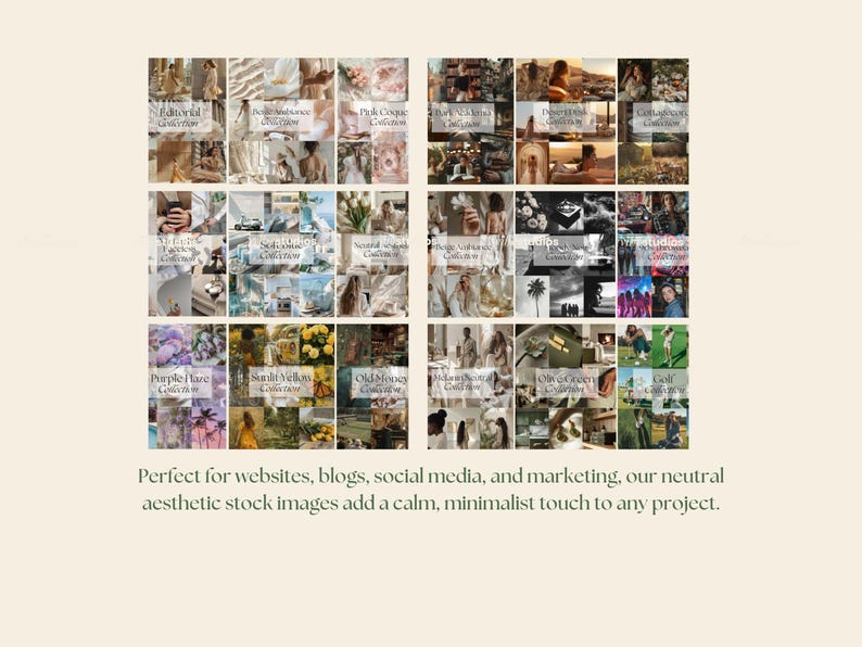 K&ouml;nnte beinhalten: Eine Collage aus Bildern mit verschiedenen Themen, darunter Natur, Reisen und Lifestyle. Die Bilder sind in einem Raster angeordnet und jedes Bild hat einen Text&uuml;berlagerung mit den W&ouml;rtern "Collection" und einem Farbnamen. Der Text "Perfekt f&uuml;r Websites, Blogs, Social Media und Marketing. Unsere neutralen &auml;sthetischen Stockbilder verleihen jedem Projekt eine ruhige, minimalistische Note." befindet sich am unteren Rand der Collage.