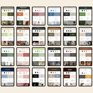 May include: A collection of 20 digital brand style guides displayed on tablet screens. Each guide features a unique colour palette, logo, and font style.