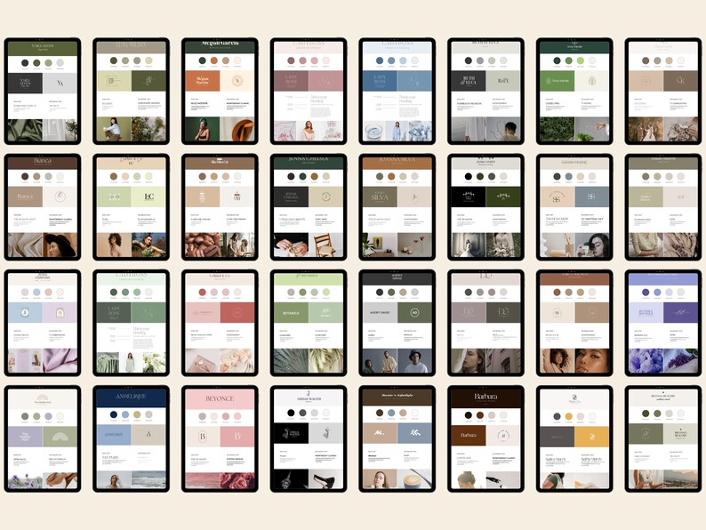 May include: A collection of 20 digital brand style guides displayed on tablet screens. Each guide features a unique colour palette, logo, and font style.