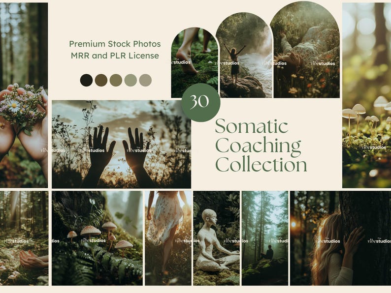 May include: A collage of 30 images featuring nature scenes, including a woman in a forest, a woman meditating, and a woman holding a flower crown. The text "Somatic Coaching Collection" is displayed in the center of the collage.