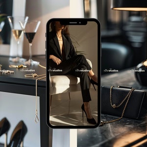 Pu&ograve; includere: Un completo giacca e pantaloni neri con una donna seduta su una sedia bianca. L'immagine &egrave; sullo schermo di un telefono, che &egrave; su un tavolo nero con gioielli d'oro e tacchi alti neri.