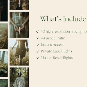 May include: A collection of 30 high-resolution stock photos featuring a forest setting with a woman in a white dress and a woman in a black dress. The photos are 4:4 aspect ratio and include instant access, private label rights, and master resell rights.