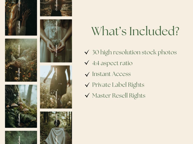 May include: A collection of 30 high-resolution stock photos featuring a forest setting with a woman in a white dress and a woman in a black dress. The photos are 4:4 aspect ratio and include instant access, private label rights, and master resell rights.