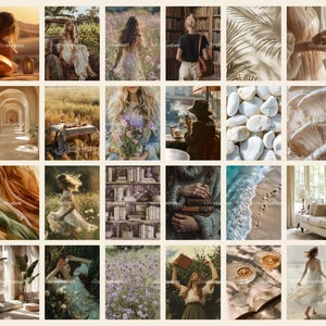 K&ouml;nnte beinhalten: Eine Collage aus Bildern mit Natur, B&uuml;chern und Frauen in flie&szlig;enden Kleidern. Die Bilder sind in einer weichen, gedeckten Farbpalette gehalten und erzeugen eine beruhigende und &auml;therische Stimmung.