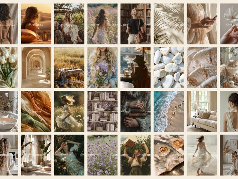 K&ouml;nnte beinhalten: Eine Collage aus Bildern mit Natur, B&uuml;chern und Frauen in flie&szlig;enden Kleidern. Die Bilder sind in einer weichen, gedeckten Farbpalette gehalten und erzeugen eine beruhigende und &auml;therische Stimmung.