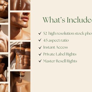 K&ouml;nnte beinhalten: Sechs Fotos zeigen Nahaufnahmen von Torso und Gesicht einer Person vor cremefarbenem Hintergrund. Der Text &bdquo;What's Included?&ldquo; wird angezeigt, gefolgt von Aufz&auml;hlungspunkten mit Funktionen wie hochaufl&ouml;senden Fotos und Private-Label-Rechten.