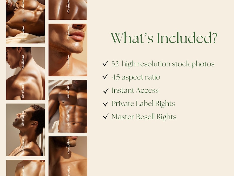 K&ouml;nnte beinhalten: Sechs Fotos zeigen Nahaufnahmen von Torso und Gesicht einer Person vor cremefarbenem Hintergrund. Der Text &bdquo;What's Included?&ldquo; wird angezeigt, gefolgt von Aufz&auml;hlungspunkten mit Funktionen wie hochaufl&ouml;senden Fotos und Private-Label-Rechten.