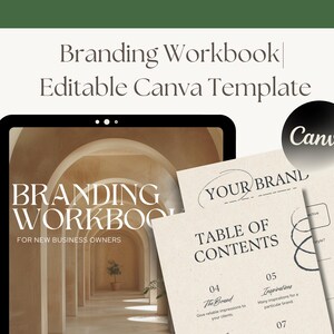 May include: A digital screen displaying a branding workbook template for new business owners. The workbook is designed in a minimalist style with a beige and white color scheme. The text "Branding Workbook" is displayed in a bold, sans-serif font. The text "For New Business Owners" is displayed in a smaller, sans-serif font. The screen is surrounded by a black frame. The image also includes a separate page with the text "Your Brand" and "Table of Contents" in a similar minimalist style.