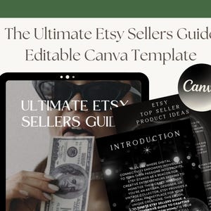 K&ouml;nnte beinhalten: Eine Canva-Vorlage f&uuml;r einen Etsy-Verk&auml;uferleitfaden mit dem Text "Ultimate Etsy Sellers Guide" und "Etsy Top Seller Product Ideas". Die Vorlage zeigt ein Schwarzwei&szlig;bild einer Frau mit Sonnenbrille, die einen Dollar-Schein h&auml;lt.