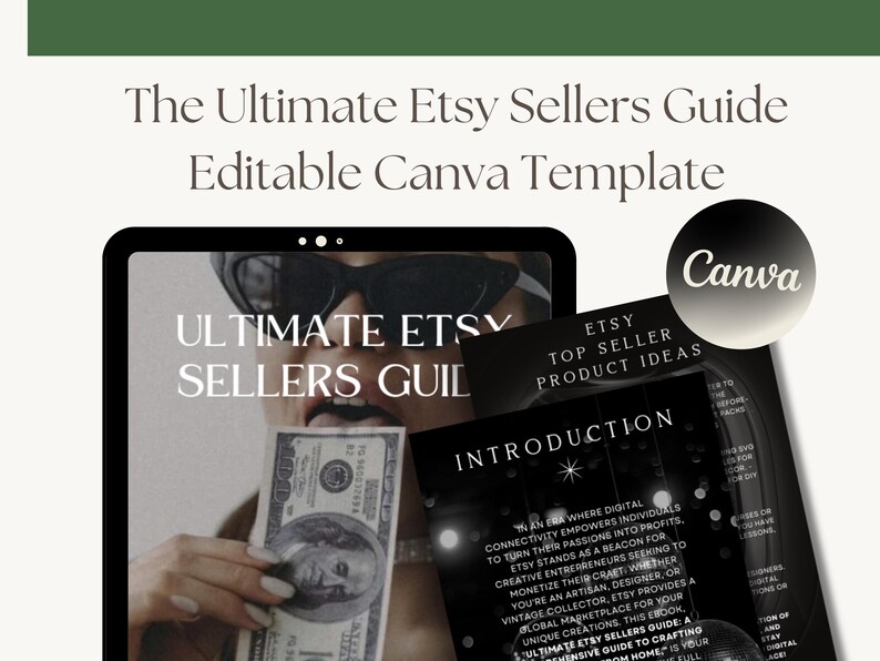 K&ouml;nnte beinhalten: Eine Canva-Vorlage f&uuml;r einen Etsy-Verk&auml;uferleitfaden mit dem Text "Ultimate Etsy Sellers Guide" und "Etsy Top Seller Product Ideas". Die Vorlage zeigt ein Schwarzwei&szlig;bild einer Frau mit Sonnenbrille, die einen Dollar-Schein h&auml;lt.