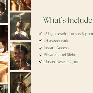 May include: A collage of images featuring men in various poses and settings. The text "What's Included?" is displayed in green text. A list of items is included below the text: 45 high resolution stock photos, 4:5 aspect ratio, Instant Access, Private Label Rights, Master Resell Rights.