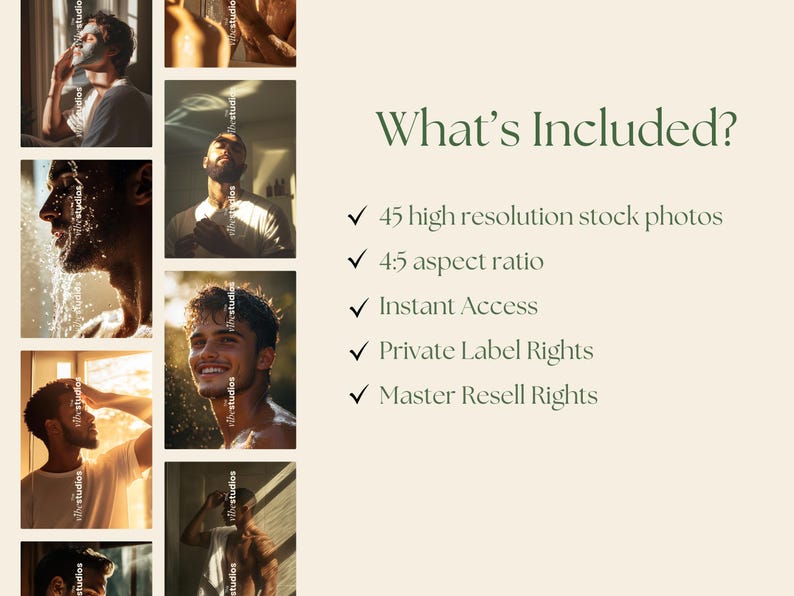 May include: A collage of images featuring men in various poses and settings. The text "What's Included?" is displayed in green text. A list of items is included below the text: 45 high resolution stock photos, 4:5 aspect ratio, Instant Access, Private Label Rights, Master Resell Rights.