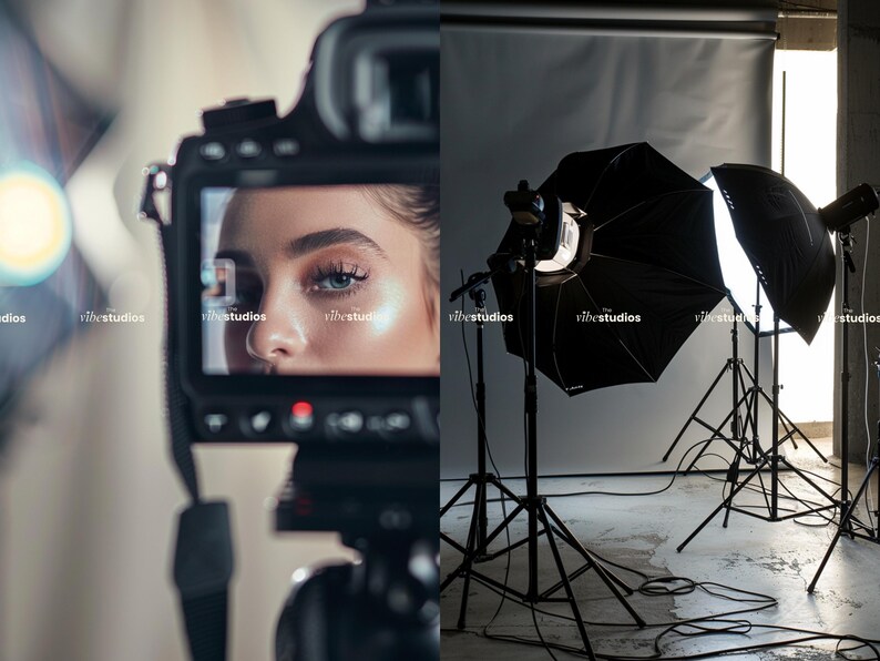 May include: A camera is pointed at a person's face, capturing a close-up shot. The camera is set up in a studio with professional lighting equipment, including two large softboxes on tripods.