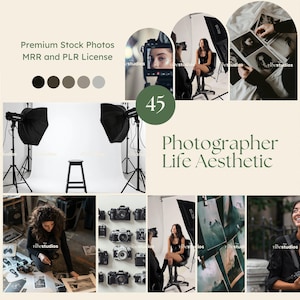 May include: A collage of images showcasing the aesthetic of a photographer's life. The images include a photographer taking photos in a studio, a photographer editing photos, and a photographer taking photos outdoors. The text "Photographer Life Aesthetic" is displayed in the center of the collage.