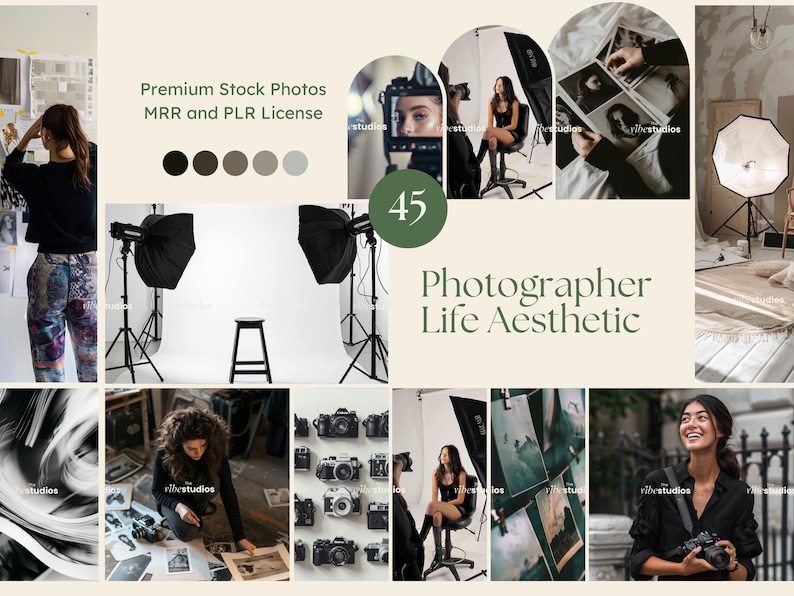 May include: A collage of images showcasing the aesthetic of a photographer's life. The images include a photographer taking photos in a studio, a photographer editing photos, and a photographer taking photos outdoors. The text "Photographer Life Aesthetic" is displayed in the center of the collage.