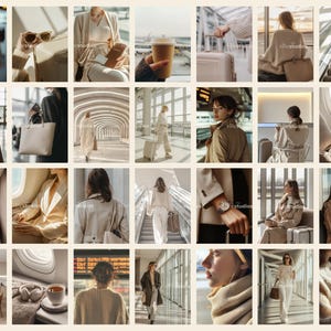 May include: A collection of lifestyle images featuring women in neutral-toned outfits, traveling, and enjoying leisure activities. The images include luggage, sunglasses, coffee, and architectural backgrounds, creating a cohesive aesthetic.