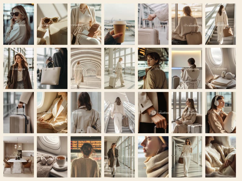 May include: A collection of lifestyle images featuring women in neutral-toned outfits, traveling, and enjoying leisure activities. The images include luggage, sunglasses, coffee, and architectural backgrounds, creating a cohesive aesthetic.