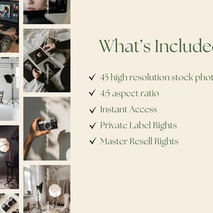 May include: A graphic with a list of what is included in a digital product. The list includes 45 high resolution stock photos, 4:5 aspect ratio, instant access, private label rights, and master resell rights.