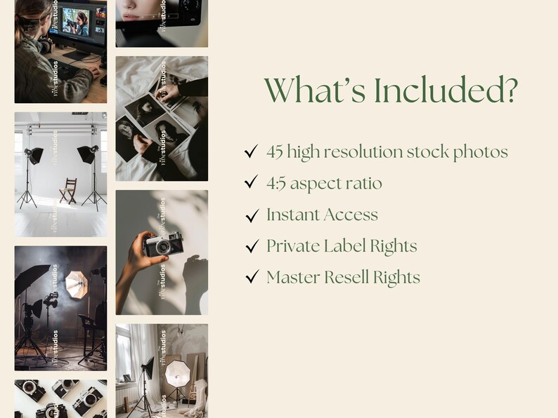 May include: A graphic with a list of what is included in a digital product. The list includes 45 high resolution stock photos, 4:5 aspect ratio, instant access, private label rights, and master resell rights.