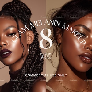 May include: Two portraits of women with glamorous makeup. The image features the text "GLAM MELANIN MAKEUP 8 PREMIUM STOCK PHOTOS COMMERCIAL USE ONLY". The women have dark skin, dark hair, and are wearing makeup with dark lipstick and gold eyeshadow.