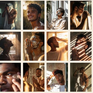May include: A collage of images featuring men of different ethnicities and skin tones, showcasing various skincare routines. The images depict men applying face masks, washing their faces, and using other skincare products.
