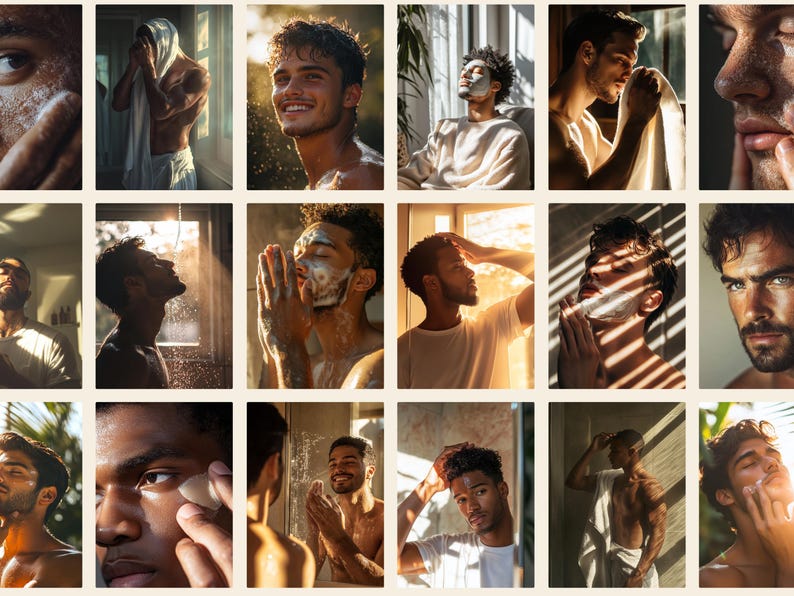 May include: A collage of images featuring men of different ethnicities and skin tones, showcasing various skincare routines. The images depict men applying face masks, washing their faces, and using other skincare products.