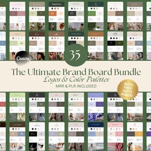 Paquete de 35 plantillas de tableros de marca, kit de marca estética, kit de marca empresarial, diseño de logotipo editable en Canva, tablero de estado de ánimo, paquete Mrr PLR