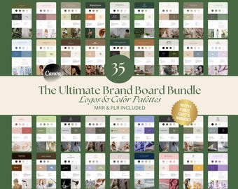 May include: A collection of 35 Canva brand board templates featuring logos and color palettes. The templates are designed for businesses and individuals looking to create a cohesive brand identity. The text "The Ultimate Brand Board Bundle" and "Logos & Color Palettes" is displayed on the image.