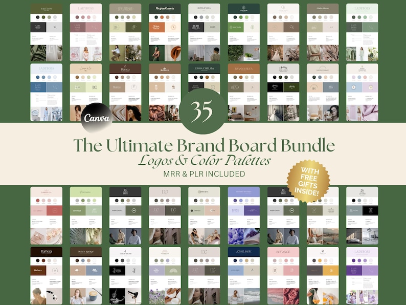 May include: A collection of 35 Canva brand board templates featuring logos and colour palettes. The templates are designed for businesses and individuals looking to create a cohesive brand identity. The text "The Ultimate Brand Board Bundle" and "Logos & Colour Palettes" is displayed on the image.